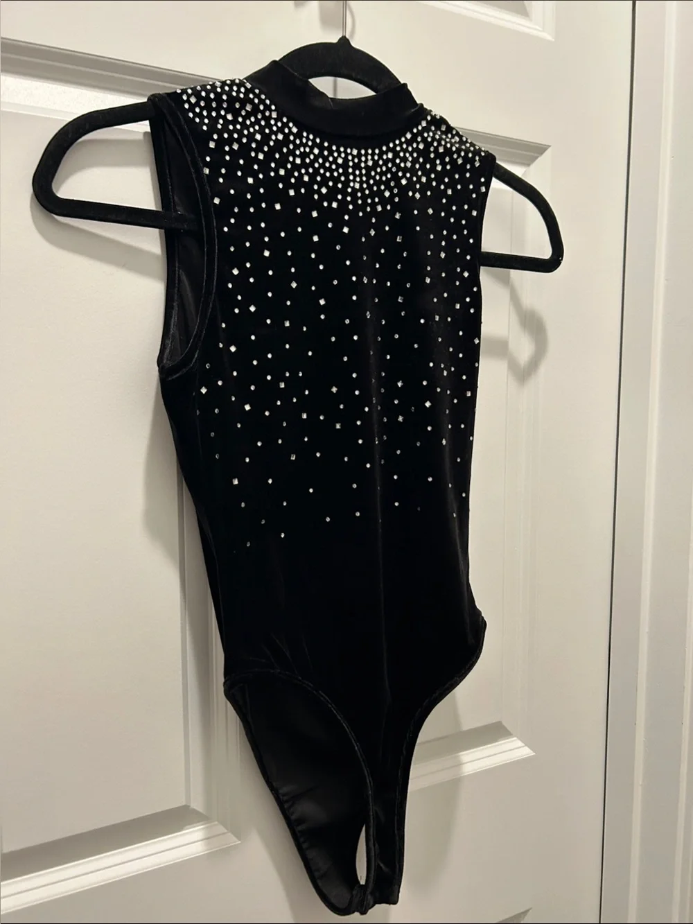 Ladies Black Velvet Rhinestone One-Piece Bodysuit Size XS